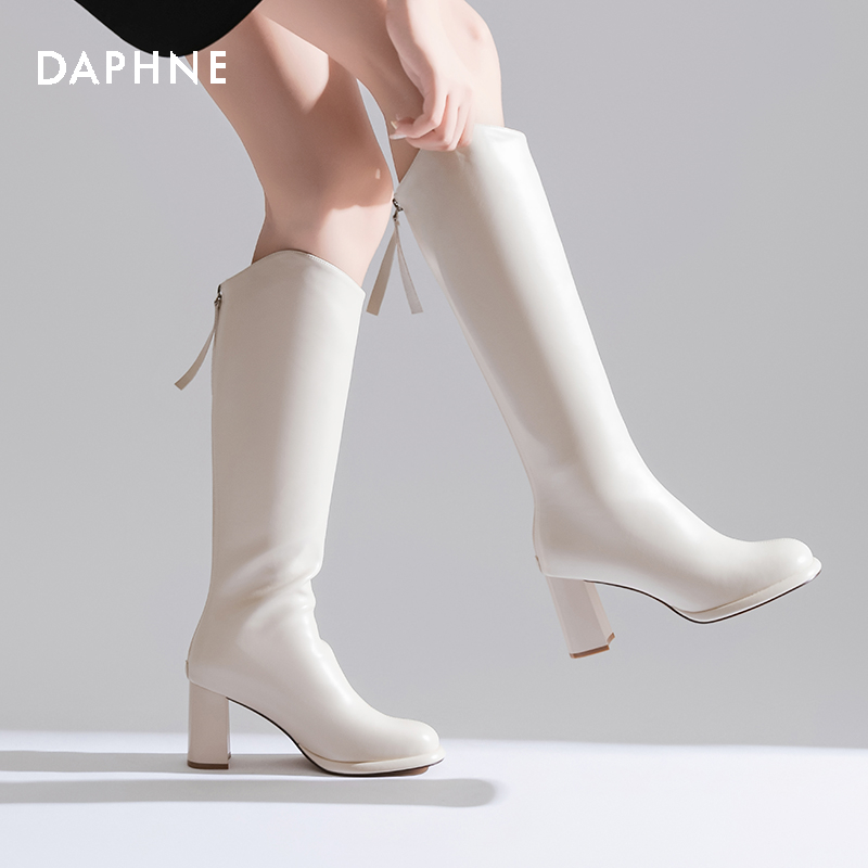 达芙妮法式V口长筒靴女靴2024新款靴子春季长靴粗跟显瘦骑士靴子
