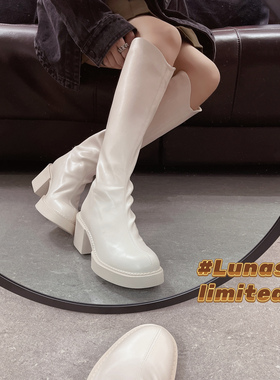 LUNASLIMITED|骑士靴女2023年秋冬长筒白色小个子高筒高跟长靴子