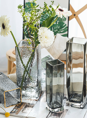 北欧轻奢创意描金玻璃花瓶透明方口水培鲜花干花插花瓶客厅摆件