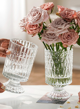 法式复古轻奢浮雕餐桌透明高脚水晶玻璃花瓶鲜花插仿真花花器摆件