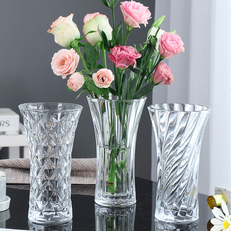 加厚压制水晶玻璃花瓶透明水培富贵竹干花插花瓶摆件客厅简约现代
