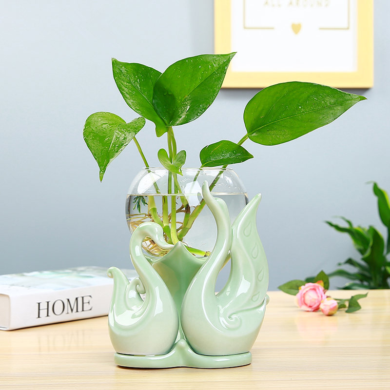 创意绿萝水培花瓶玻璃器皿透明水养鲜花插花花盆鱼缸桌面天鹅摆件