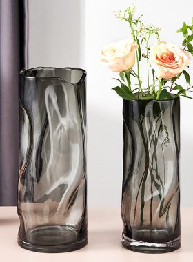 现代轻奢褶皱玻璃花瓶透明水养鲜花百合客厅餐桌酒店装饰插花摆件