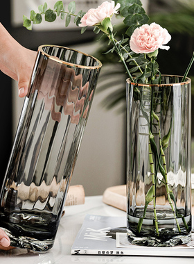 轻奢描金透明玻璃花瓶干花客厅花器摆件装饰创意简约北欧水养插花