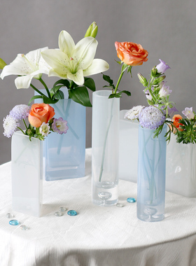 奶白色仿玉玻璃花瓶高级感水培插花摆件蓝色北欧轻奢简约客厅装饰
