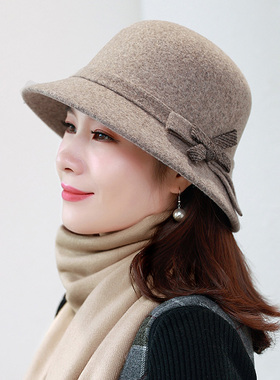 新款羊毛呢妈妈帽气质潮流中年女秋冬季韩版时尚洋气中老年人帽子