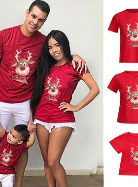 Christmas Reindeer Tshirt2023爆款圣诞驯鹿T恤男女红色情侣短恤