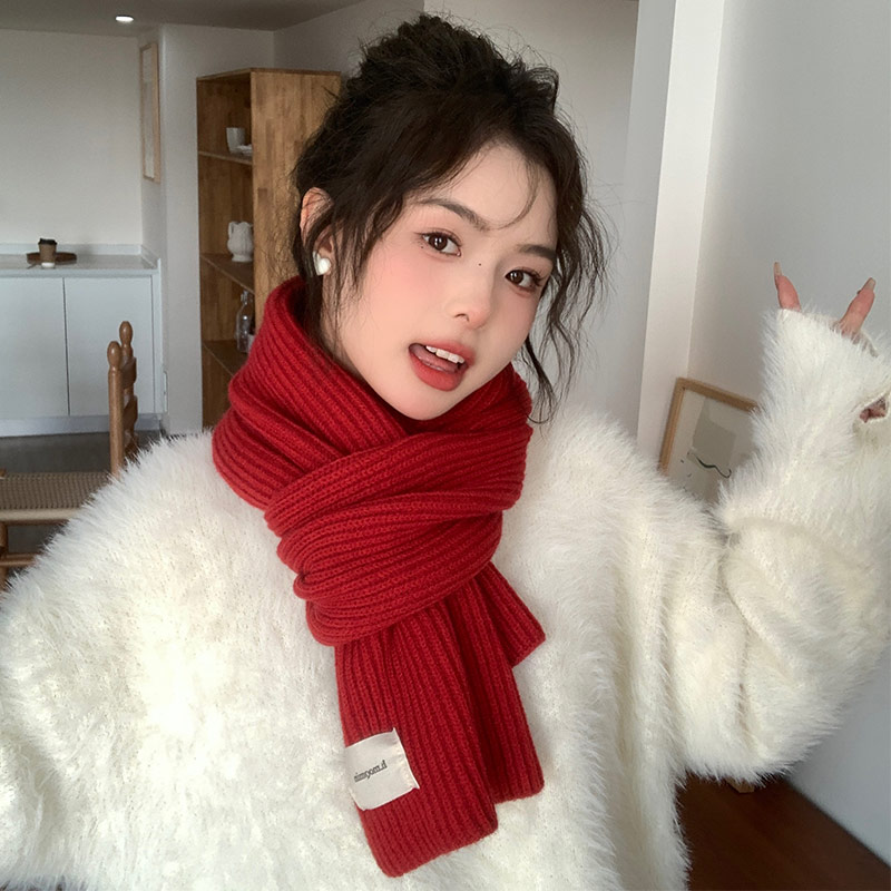 新年红色围巾女秋冬季2023新款韩版高级感圣诞节保暖加厚毛线围脖