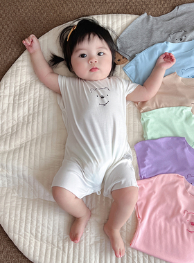 莫代尔0一3月新生婴儿短袖连体衣服春装女宝宝男秋季睡衣薄款哈衣