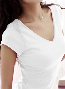 韩版纯棉夏装圆V领纯色短袖t恤大码女装修身白色打底衫半袖体恤潮