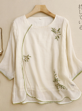 新中式刺绣苎麻衬衫女夏季日常穿搭改良汉服复古盘扣茶服气质小衫