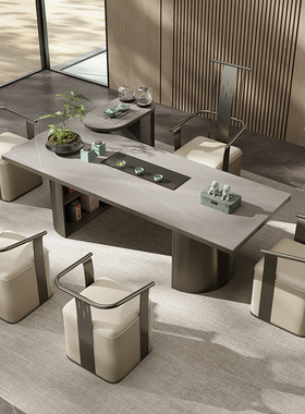 轻奢大板茶桌椅组合一桌五椅现代高级感办公室岩板功夫泡茶台套装