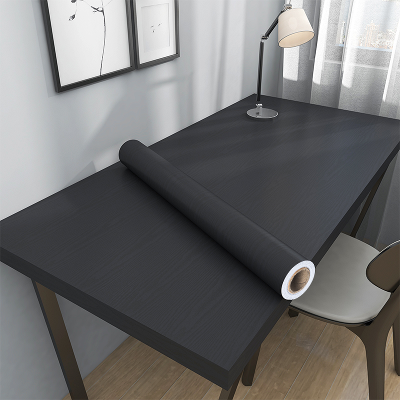 黑色桌面贴纸防水自粘墙纸柜子翻新家具改色贴膜桌子仿木纹桌贴纸