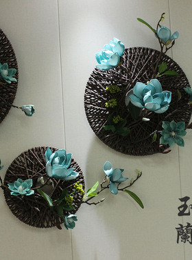 新中式布置墙面装饰挂件墙上立体圆形壁饰客厅背景墙植物花艺壁挂