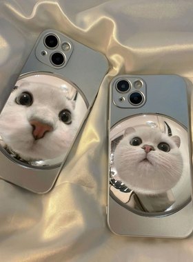 电镀银猫眼猫咪苹果15promax手机壳iPhone14硅胶软壳oppo小米vivo