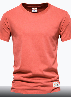夏季红色时尚纯棉休闲短袖T恤男美式纯色圆领磨毛宽松套头针织衫