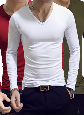 男士长袖t恤 v领 韩版修身纯色打底衫秋装白色上衣衣服男装春秋款