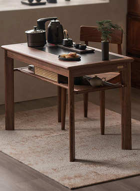 新中式实木茶桌家用小茶台烧水壶嵌入式黑胡桃木岩板阳台泡茶桌子