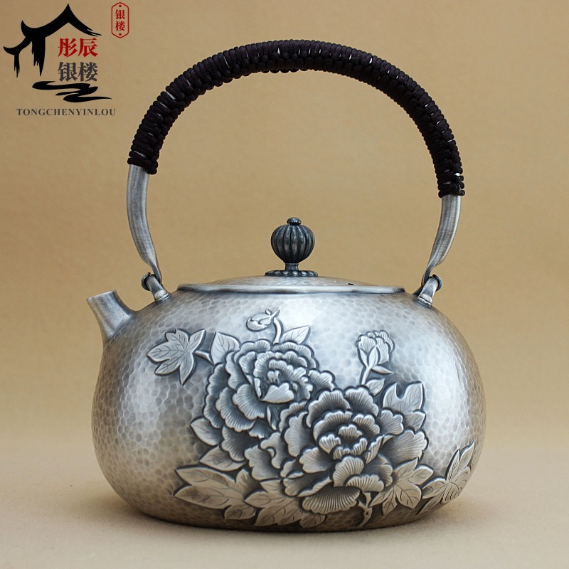 特价纯手工牡丹日式复古银壶茶具一张打纯银999烧水壶家用泡茶道