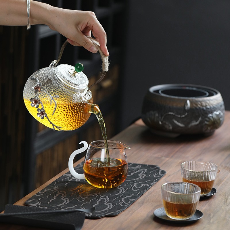 日式梅花锤纹煮茶壶家用电陶炉烧水壶煮茶器玻璃提梁壶Y过滤花茶