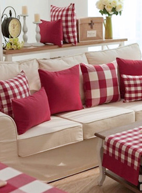 酒红色纯色格子抱枕套 含芯 沙发靠垫汽车靠枕纯棉腰枕加厚热销款