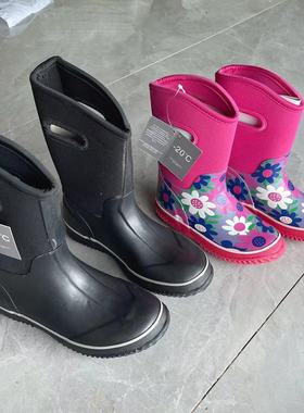 清冬季雪地雨靴保暖外贸男女童牛布朗防水面料儿童中筒橡胶29-37