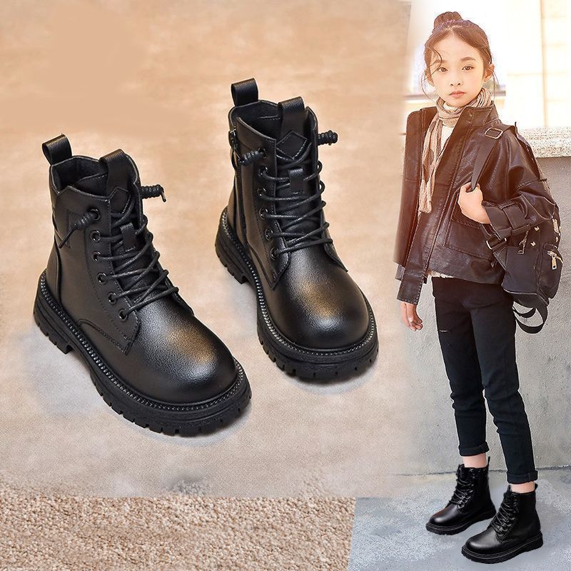 女童马丁靴2023新款冬季英伦风加绒黑色短靴子软底儿童皮靴男童鞋
