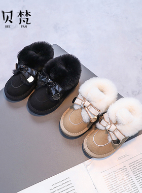 女童雪地靴子加厚保暖大棉鞋2023冬季新款儿童牛皮绒加绒软底短靴