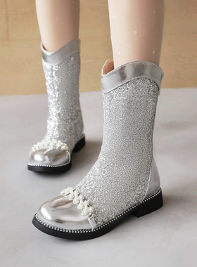 银色宝宝女马丁靴2023新款公主加绒靴子水晶单靴儿童冬季鞋子洋气