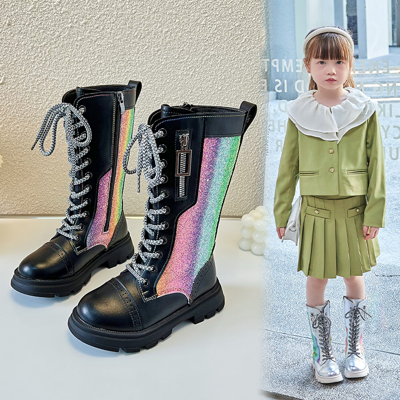 女童长筒靴2024秋冬季新款时尚加绒英伦风中大童彩虹骑士靴公主靴