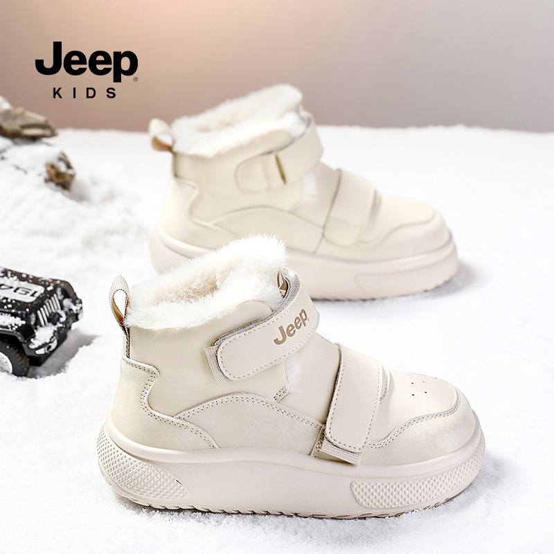 jeep儿童白色加绒雪地靴女童2024新款冬季男童大棉小白鞋防水东北