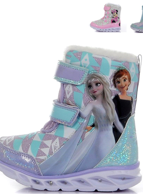 外贸女童闪灯卡通雪地靴 新款保暖冬季靴子小女孩靴子冰雪公主风