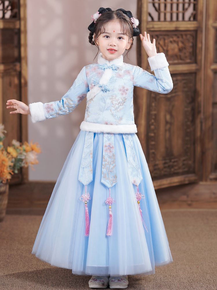 2024儿童汉服拜年服女童冬款古装裙子中国风冬装女孩旗袍加绒唐装