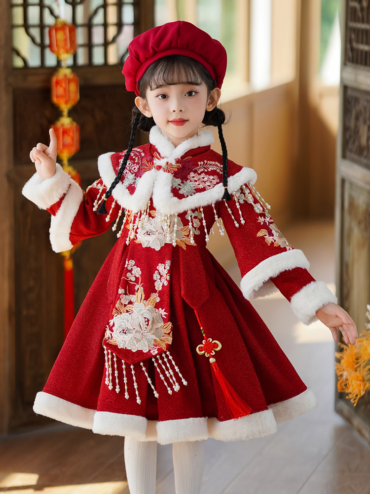 拜年服女童新款连衣裙冬款中国风唐装旗袍加绒公主裙子过年冬衣服
