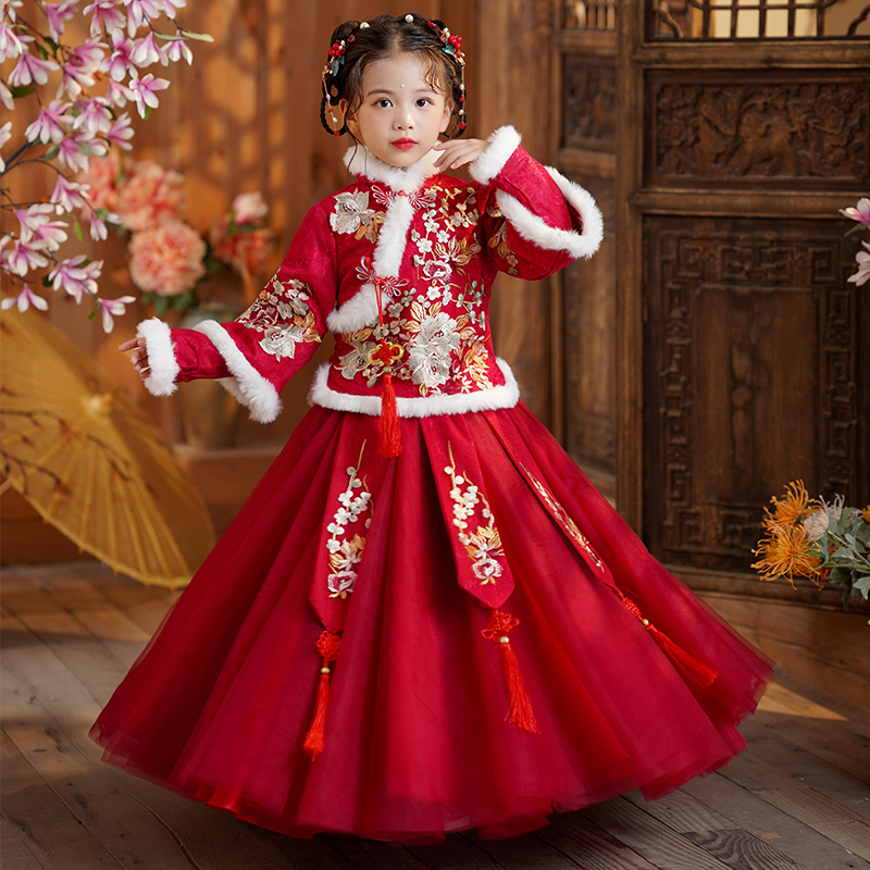 拜年服女童汉服儿童古装旗袍加绒冬季唐装红色新年装加厚冬款套装