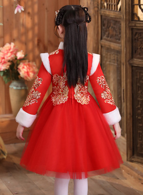 汉服女童冬装中国风唐装女孩拜年服红色冬款旗袍喜庆过年新年装
