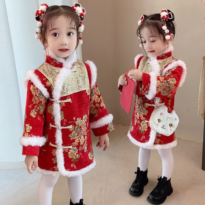 女童拜年服冬款汉服中国风加厚唐装旗袍喜庆过年服兔年新年装加绒