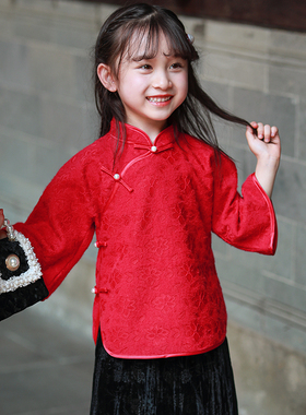儿童汉服套装女童唐装秋冬款民国风红色礼服女孩旗袍中国风童装