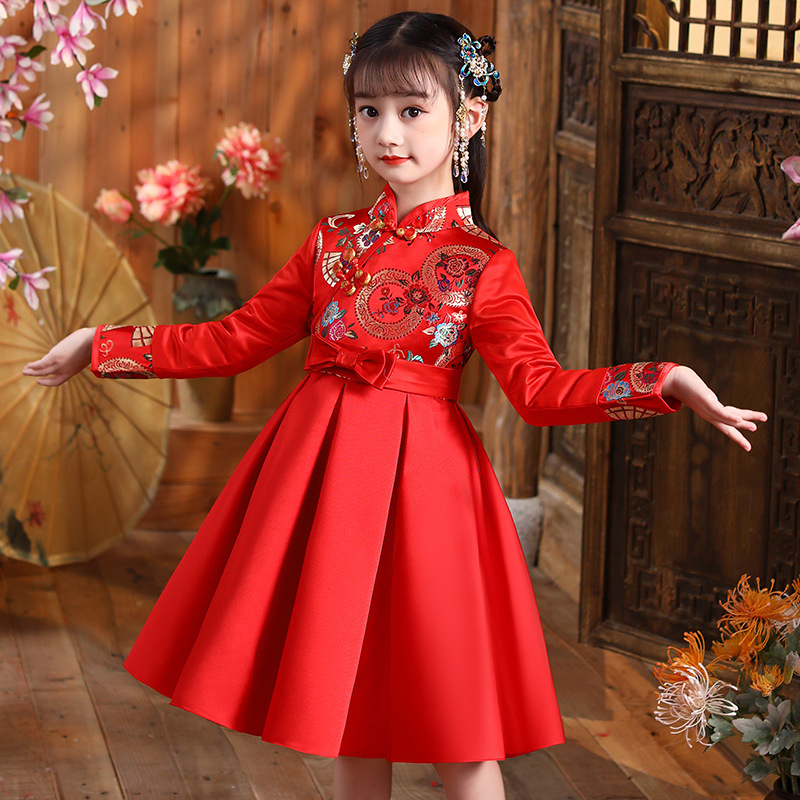 汉服女童公主裙红色拜年服冬款加绒儿童礼服中国风唐装旗袍连衣裙