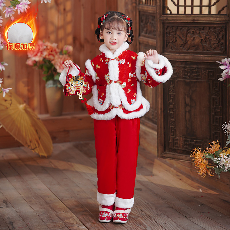 汉服女童红色高端旗袍马甲套装儿童古装中国风唐装冬款加绒拜年服