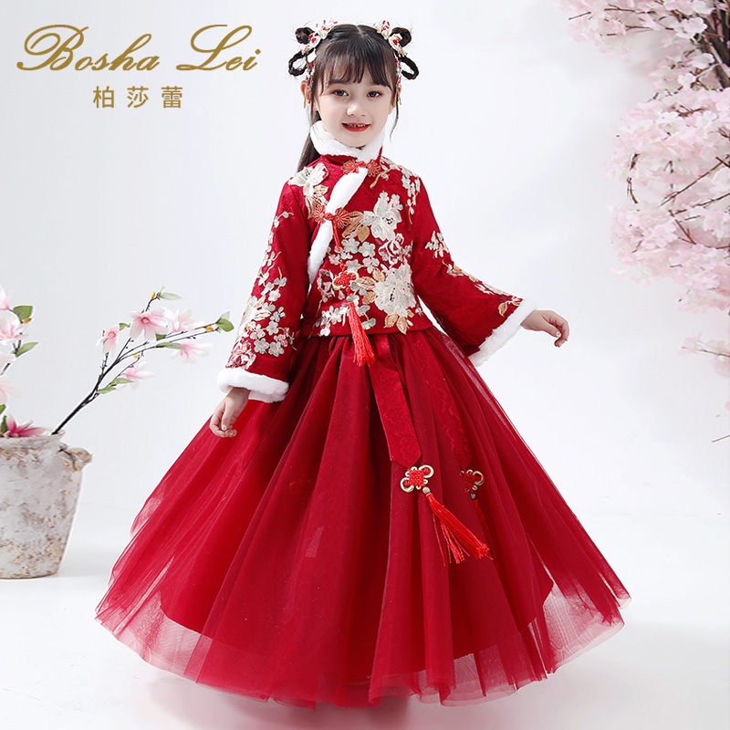 汉服女童冬款中国风冬季唐装古装加厚毛领红色儿童旗袍宝宝拜年服