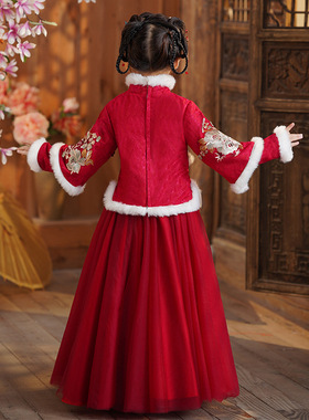 拜年服女童汉服儿童古装旗袍加绒冬季唐装红色新年装加厚冬款套装