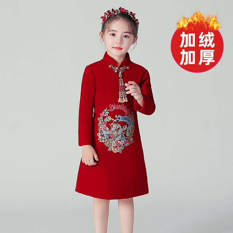 儿童唐装女童旗袍新年装中国风过年女孩花童喜庆红色拜年服装冬款
