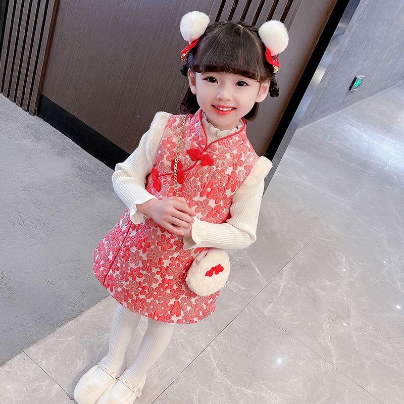 女童拜年服汉服古装冬款宝宝旗袍裙子中国风唐装儿童周岁礼服套装