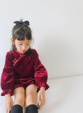 女童旗袍2023新款儿童宝宝冬款汉服古装改良中式红色唐装裙子拜年