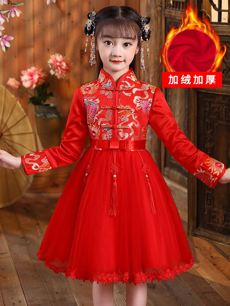 新年衣服女童唐装冬款加厚红色古装洋气旗袍冬季中国风的儿童年服