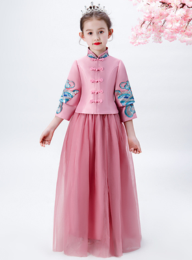女童旗袍秋冬款中国风女孩生日唐装两件套中大童古筝主持人演出服