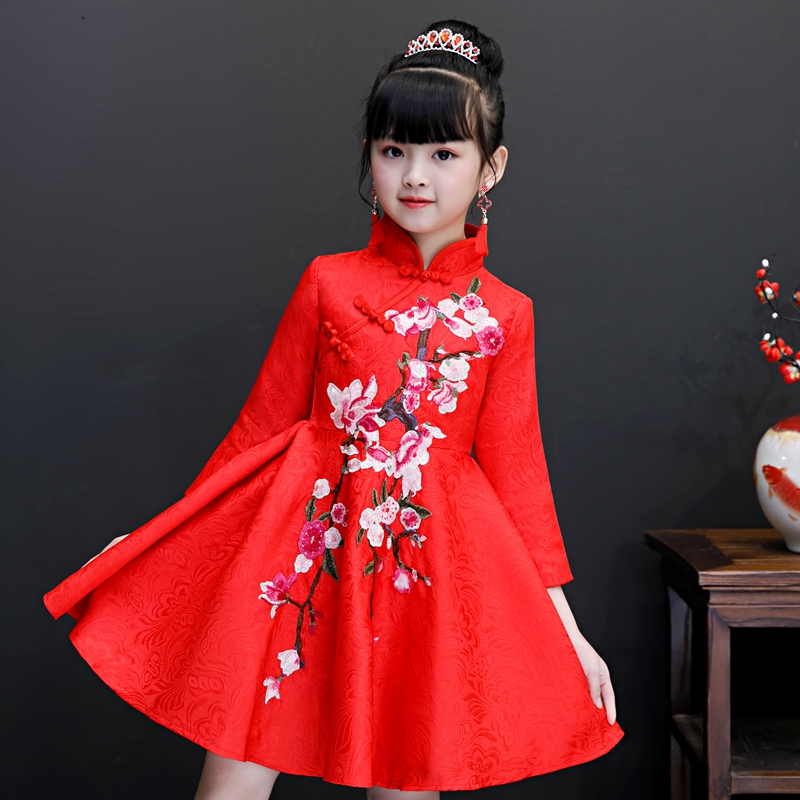 女童旗袍冬款加绒儿童唐装公主裙中国风刺绣古筝演出服新年拜年服