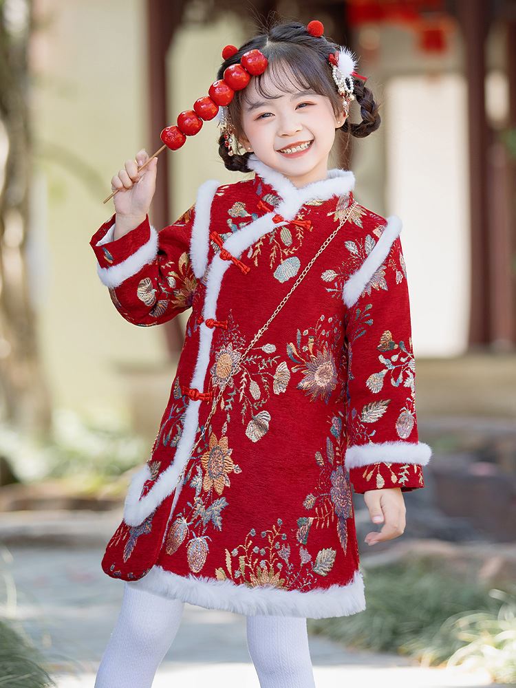 拜年服女童汉服冬款加绒加厚中国风过年服唐装儿童旗袍女宝连衣裙