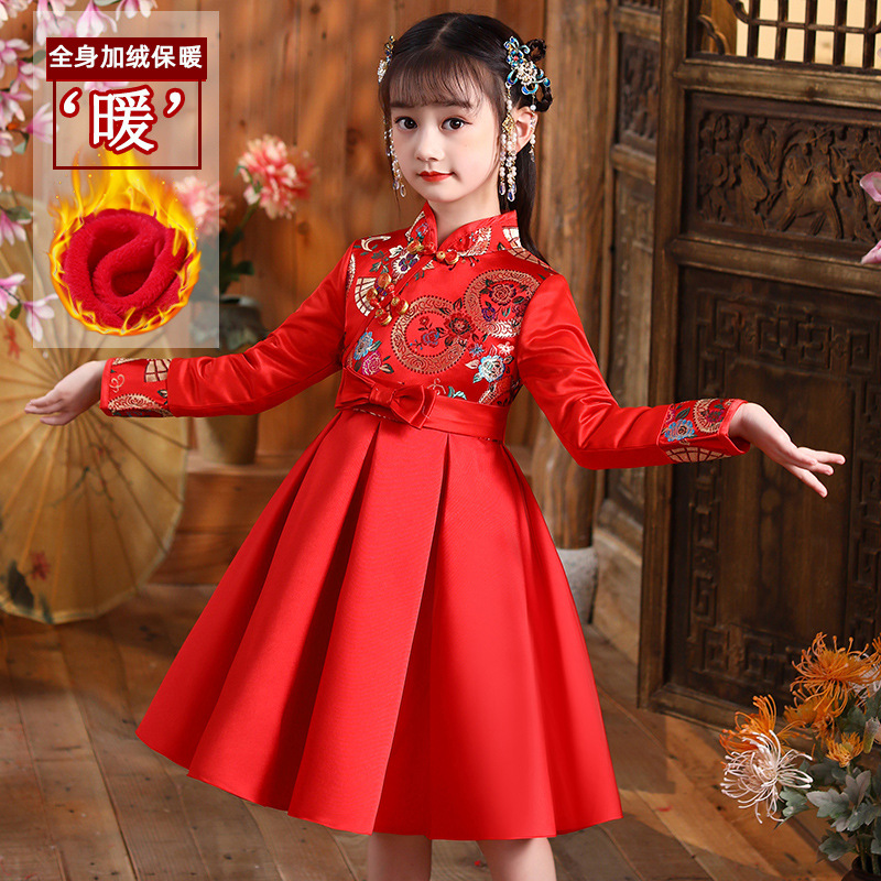 2023汉服女童公主裙红色拜年服冬款加绒儿童中国风唐装旗袍连衣裙